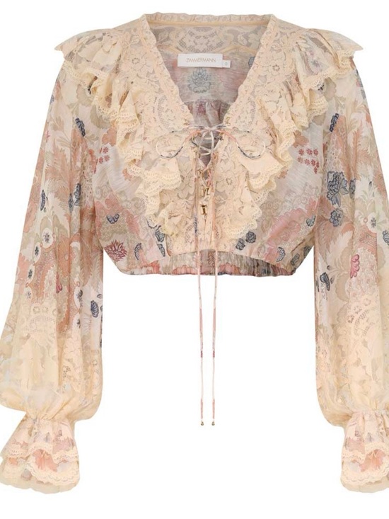 Zimmermann Tops - Zimmermann Rebellion Sheer Floral Lace-Trim cropped blouse sz 1